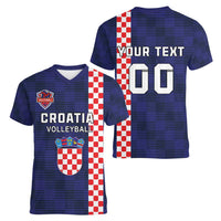 Custom Croatia Volleyball Women V-Neck T-Shirt Go Champions Sahovnica