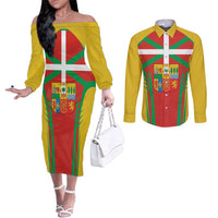 Basque Country Couples Matching Off The Shoulder Long Sleeve Dress and Long Sleeve Button Shirt Zazpiak Bat Flag Style