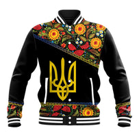 Petrykivka Ukrainian Folk Pattern Baseball Jacket Golden Trident With Map