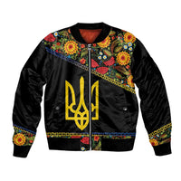 Petrykivka Ukrainian Folk Pattern Bomber Jacket Golden Trident With Map