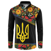 Petrykivka Ukrainian Folk Pattern Button Sweatshirt Golden Trident With Map