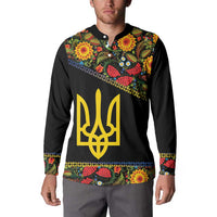 Petrykivka Ukrainian Folk Pattern Button Sweatshirt Golden Trident With Map