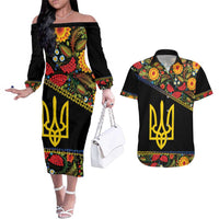 Petrykivka Ukrainian Folk Pattern Couples Matching Off The Shoulder Long Sleeve Dress and Hawaiian Shirt Golden Trident With Map