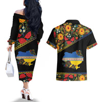Petrykivka Ukrainian Folk Pattern Couples Matching Off The Shoulder Long Sleeve Dress and Hawaiian Shirt Golden Trident With Map