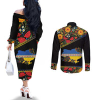 Petrykivka Ukrainian Folk Pattern Couples Matching Off The Shoulder Long Sleeve Dress and Long Sleeve Button Shirt Golden Trident With Map