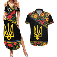Petrykivka Ukrainian Folk Pattern Couples Matching Summer Maxi Dress and Hawaiian Shirt Golden Trident With Map