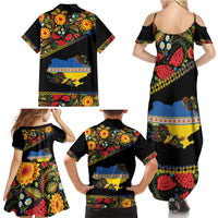 Petrykivka Ukrainian Folk Pattern Family Matching Summer Maxi Dress and Hawaiian Shirt Golden Trident With Map