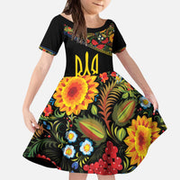 Petrykivka Ukrainian Folk Pattern Kid Short Sleeve Dress Golden Trident With Map