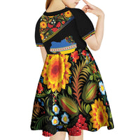 Petrykivka Ukrainian Folk Pattern Kid Short Sleeve Dress Golden Trident With Map