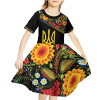 Petrykivka Ukrainian Folk Pattern Kid Short Sleeve Dress Golden Trident With Map