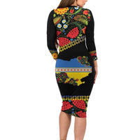Petrykivka Ukrainian Folk Pattern Long Sleeve Bodycon Dress Golden Trident With Map