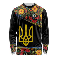 Petrykivka Ukrainian Folk Pattern Long Sleeve Shirt Golden Trident With Map