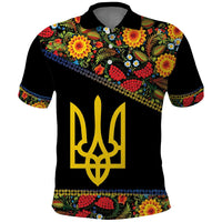 Petrykivka Ukrainian Folk Pattern Polo Shirt Golden Trident With Map