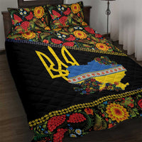 Petrykivka Ukrainian Folk Pattern Quilt Bed Set Golden Trident With Map