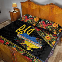 Petrykivka Ukrainian Folk Pattern Quilt Bed Set Golden Trident With Map