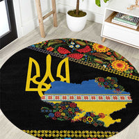 Petrykivka Ukrainian Folk Pattern Round Carpet Golden Trident With Map