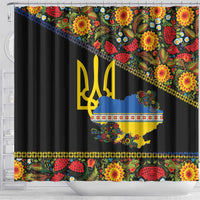 Petrykivka Ukrainian Folk Pattern Shower Curtain Golden Trident With Map