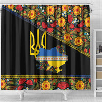 Petrykivka Ukrainian Folk Pattern Shower Curtain Golden Trident With Map