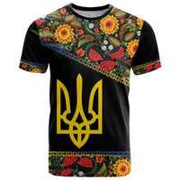 Petrykivka Ukrainian Folk Pattern T Shirt Golden Trident With Map