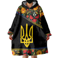 Petrykivka Ukrainian Folk Pattern Wearable Blanket Hoodie Golden Trident With Map