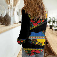 Petrykivka Ukrainian Folk Pattern Women Casual Shirt Golden Trident With Map