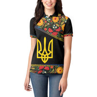 Petrykivka Ukrainian Folk Pattern Women Polo Shirt Golden Trident With Map