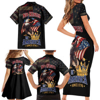 No Kings In America Since 1776 Family Matching Short Sleeve Bodycon Dress and Hawaiian Shirt Eagle Crushing Crown - Wonder Print Shop