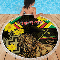 Ethiopia Enkutatash Lion of Judah Beach Blanket With Folk Pattern - Wonder Print Shop