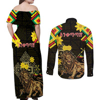 Ethiopia Enkutatash Lion of Judah Couples Matching Off Shoulder Maxi Dress and Long Sleeve Button Shirt With Folk Pattern - Wonder Print Shop