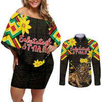 Ethiopia Enkutatash Lion of Judah Couples Matching Off Shoulder Short Dress and Long Sleeve Button Shirt With Folk Pattern - Wonder Print Shop