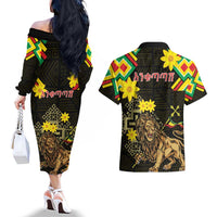Ethiopia Enkutatash Lion of Judah Couples Matching Off The Shoulder Long Sleeve Dress and Hawaiian Shirt With Folk Pattern - Wonder Print Shop