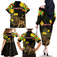 Ethiopia Enkutatash Lion of Judah Family Matching Off The Shoulder Long Sleeve Dress and Hawaiian Shirt With Folk Pattern - Wonder Print Shop