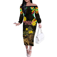 Ethiopia Enkutatash Lion of Judah Family Matching Off The Shoulder Long Sleeve Dress and Hawaiian Shirt With Folk Pattern - Wonder Print Shop