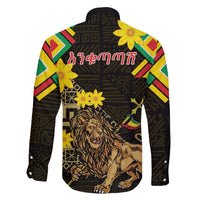 Ethiopia Enkutatash Lion of Judah Family Matching Off Shoulder Short Dress and Hawaiian Shirt With Folk Pattern - Wonder Print Shop