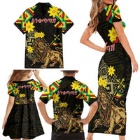 Ethiopia Enkutatash Lion of Judah Family Matching Short Sleeve Bodycon Dress and Hawaiian Shirt With Folk Pattern - Wonder Print Shop