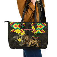 Ethiopia Enkutatash Lion of Judah Leather Tote Bag With Folk Pattern - Wonder Print Shop