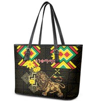 Ethiopia Enkutatash Lion of Judah Leather Tote Bag With Folk Pattern - Wonder Print Shop
