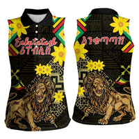 Ethiopia Enkutatash Lion of Judah Women Sleeveless Polo Shirt With Folk Pattern - Wonder Print Shop