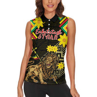 Ethiopia Enkutatash Lion of Judah Women Sleeveless Polo Shirt With Folk Pattern - Wonder Print Shop