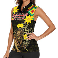 Ethiopia Enkutatash Lion of Judah Women Sleeveless Polo Shirt With Folk Pattern - Wonder Print Shop