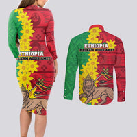 Ethiopia Enkutatash Melkam Addis Amet Couples Matching Long Sleeve Bodycon Dress and Long Sleeve Button Shirt With Bidens Macroptera - Wonder Print Shop