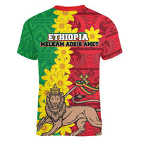Ethiopia Enkutatash Melkam Addis Amet Women V-Neck T-Shirt With Bidens Macroptera - Wonder Print Shop