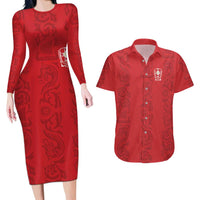 Custom York Minstrel Spirit Couples Matching Long Sleeve Bodycon Dress and Hawaiian Shirt Norse Viking Pattern Red Version - Wonder Print Shop