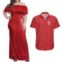 Custom York Minstrel Spirit Couples Matching Off Shoulder Maxi Dress and Hawaiian Shirt Norse Viking Pattern Red Version - Wonder Print Shop