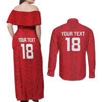 Custom York Minstrel Spirit Couples Matching Off Shoulder Maxi Dress and Long Sleeve Button Shirt Norse Viking Pattern Red Version - Wonder Print Shop
