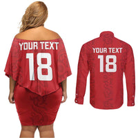 Custom York Minstrel Spirit Couples Matching Off Shoulder Short Dress and Long Sleeve Button Shirt Norse Viking Pattern Red Version - Wonder Print Shop