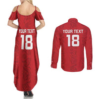 Custom York Minstrel Spirit Couples Matching Summer Maxi Dress and Long Sleeve Button Shirt Norse Viking Pattern Red Version - Wonder Print Shop