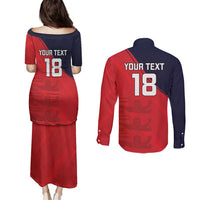 Custom Bailiwick of Jersey Cricket Couples Matching Puletasi and Long Sleeve Button Shirt Jer Lions Champion Red Version - Wonder Print Shop