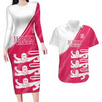 Custom Bailiwick of Jersey Cricket Couples Matching Long Sleeve Bodycon Dress and Hawaiian Shirt Jer Lions Champion Pink Version - Wonder Print Shop