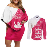 Custom Bailiwick of Jersey Cricket Couples Matching Off Shoulder Short Dress and Long Sleeve Button Shirt Jer Lions Champion Pink Version - Wonder Print Shop